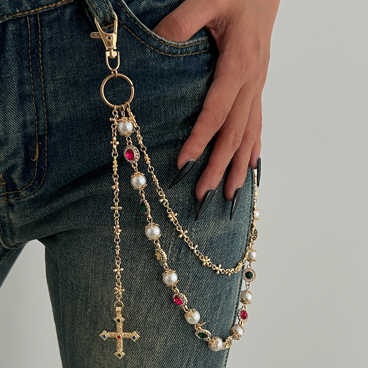 Luxury Gold Plated Multicolor CZ Pearl Cross Charm Jean Wallet Chain Bulk