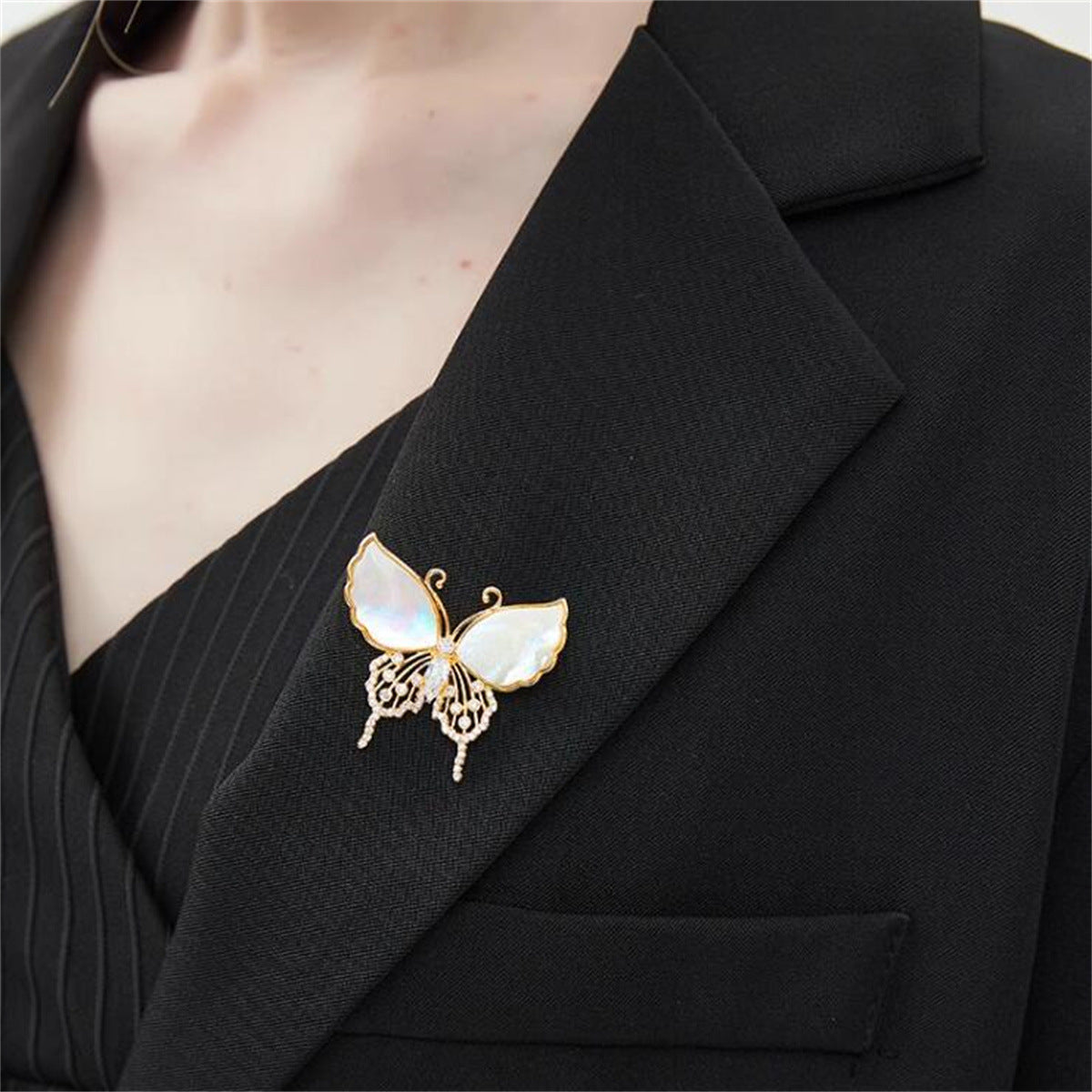 Designer Butterfly Gold Mother Of Pearl CZ Copper Brooch Wholesale Main image