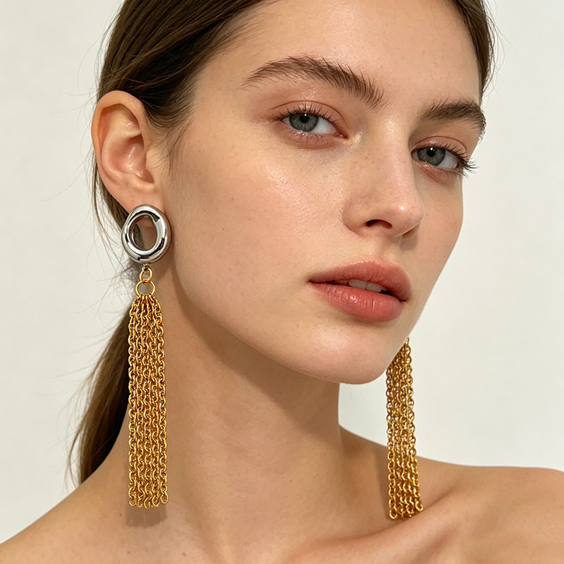Dual Tone Gold Silver Chain Tassel Stainless Steel Drop Earrings Bulk