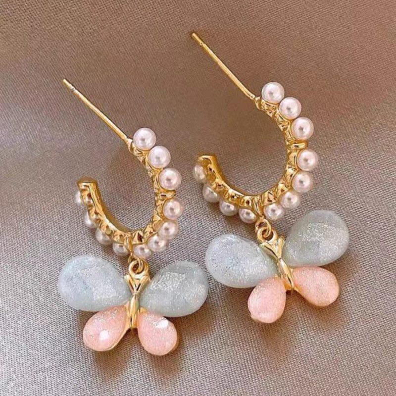 Butterfly Multi Color 18K Gold Pearl Drop Hoop Earring For Women Bulk Main image