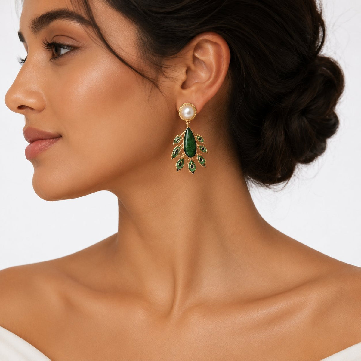 Designer Peacock Gold Blue & Green Enamel Pearl Dangler Earrings Bulk