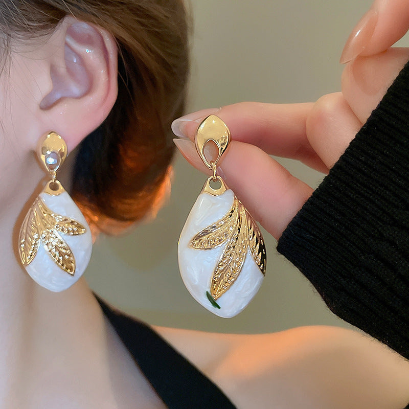 Leaf Flower White Enamel 18K Gold Dangler Earring For Women Bulk
