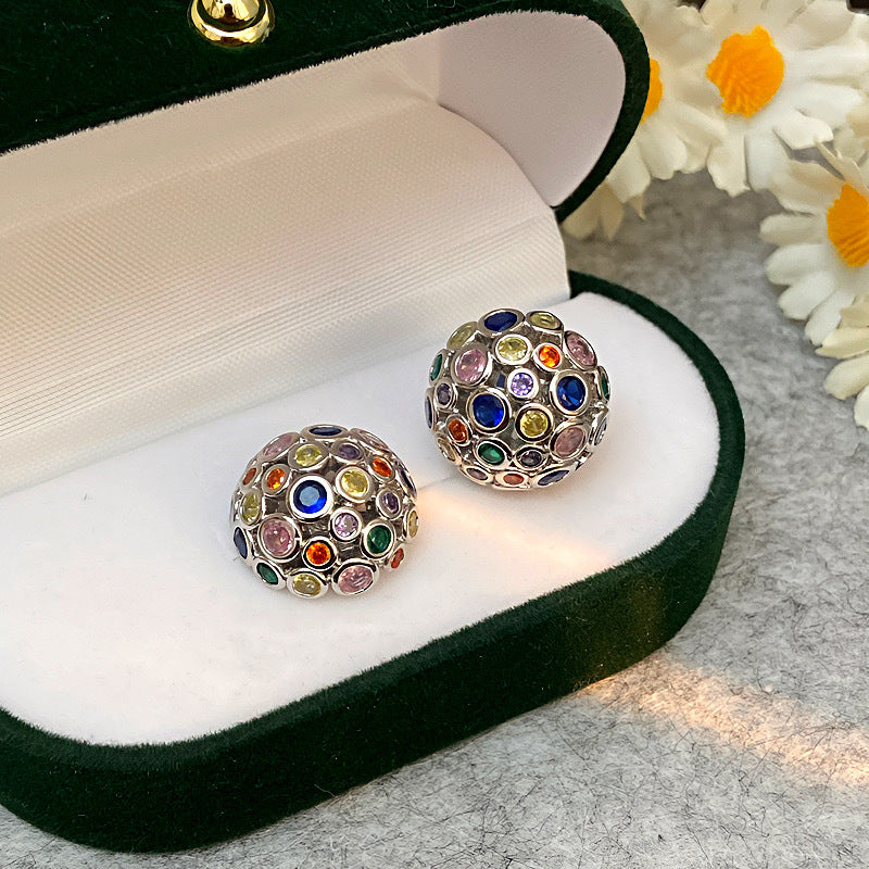 Round Sphere Navratna Gold Silver Plated CZ Copper Stud Earrings Bulk