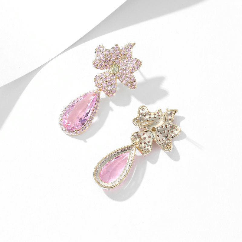 Floral Flower 18K Gold Plated Blue Yellow Pink Crystals Copper Drop Dangler Earrings For Women
