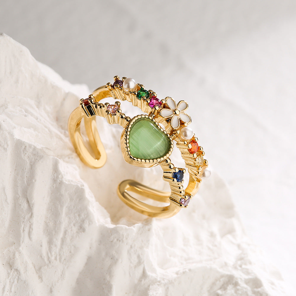 Bulk Green Pink White Heart Flower Gold CZ Adjustable Fancy Ring