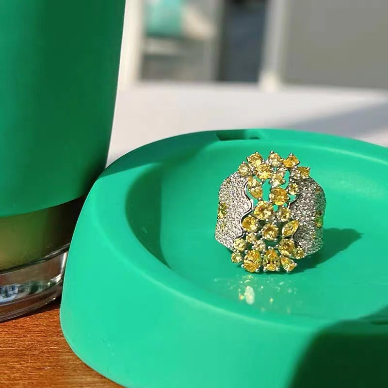 Yellow Flower Cluster Silver Cubic Zirconia Copper Adjustable Ring Women Bulk