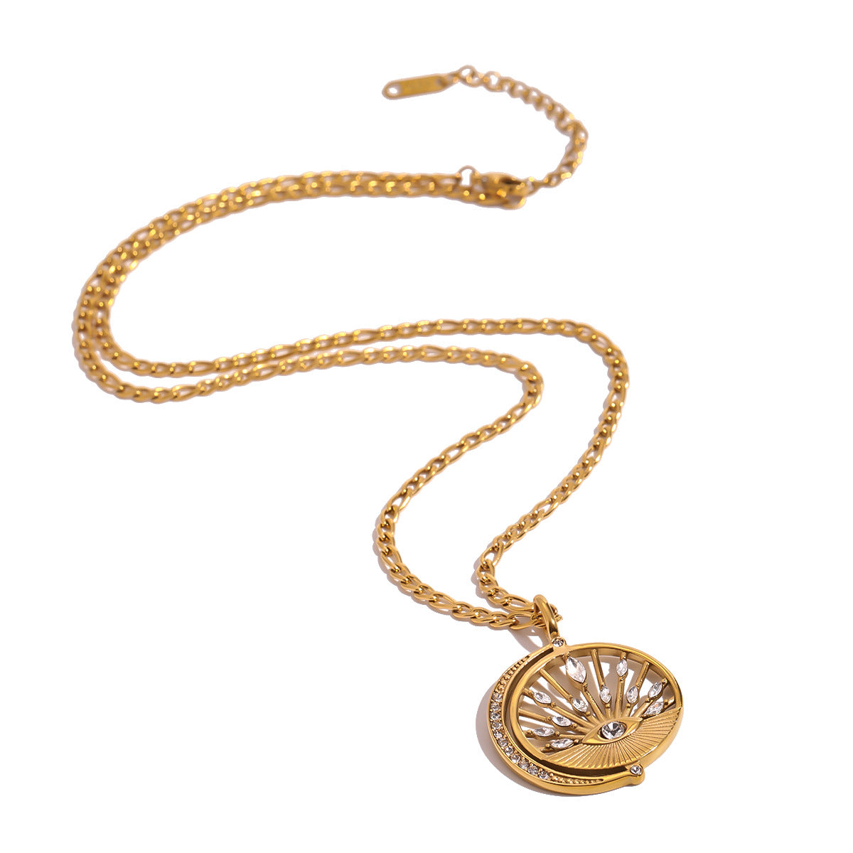 Sun Evil Eye 18K Gold Cubic Zirconia Anti Tarnish Stainless Steel Necklace Pendant Chain For Women