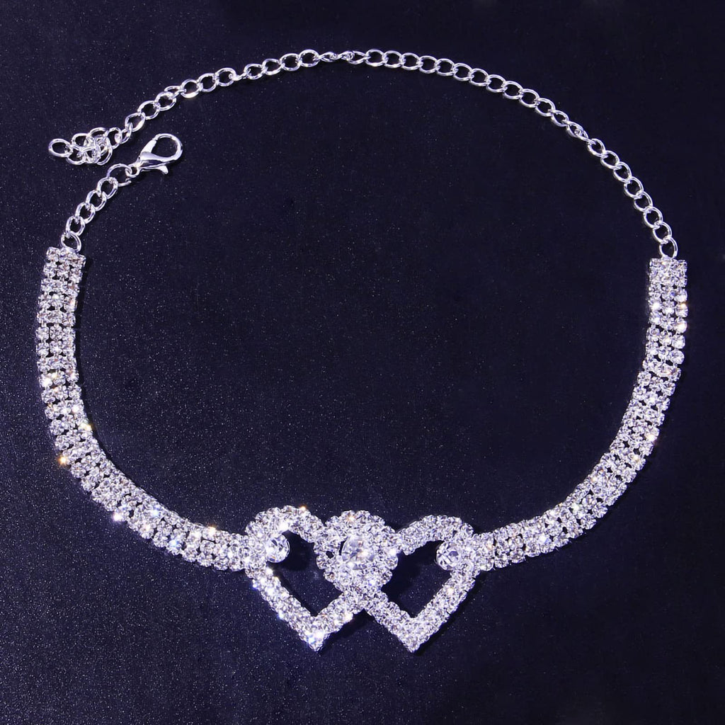 Dual Heart Studded Cubic Zirconia Silver Gold Anti Tarnish Anklet Bulk