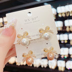 Bow Versatile Gold Silver CZ Pearl Anti Tarnish Stud Earrings Bulk