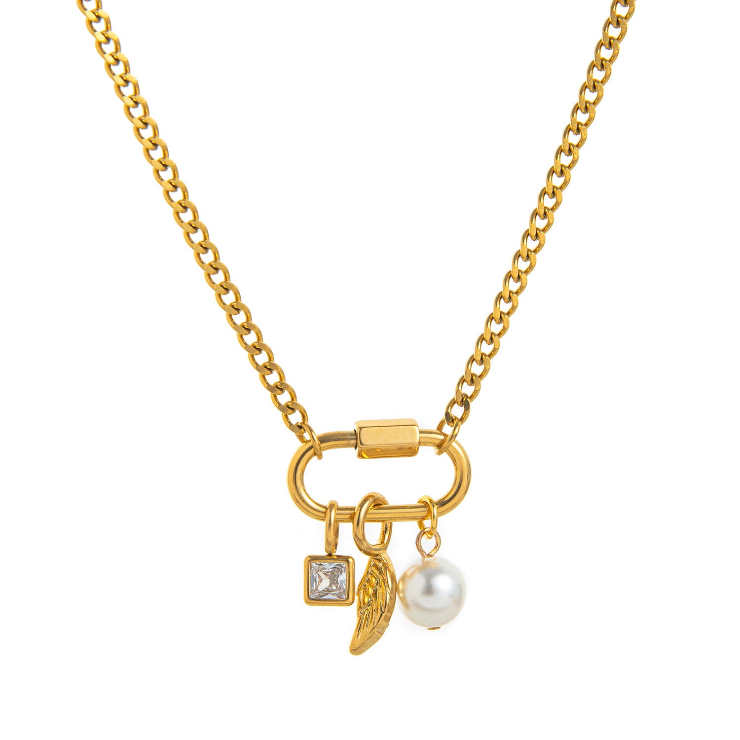 Multi Color Trendy Carabiner Charm Gold Plated CZ Copper Necklace Bulk