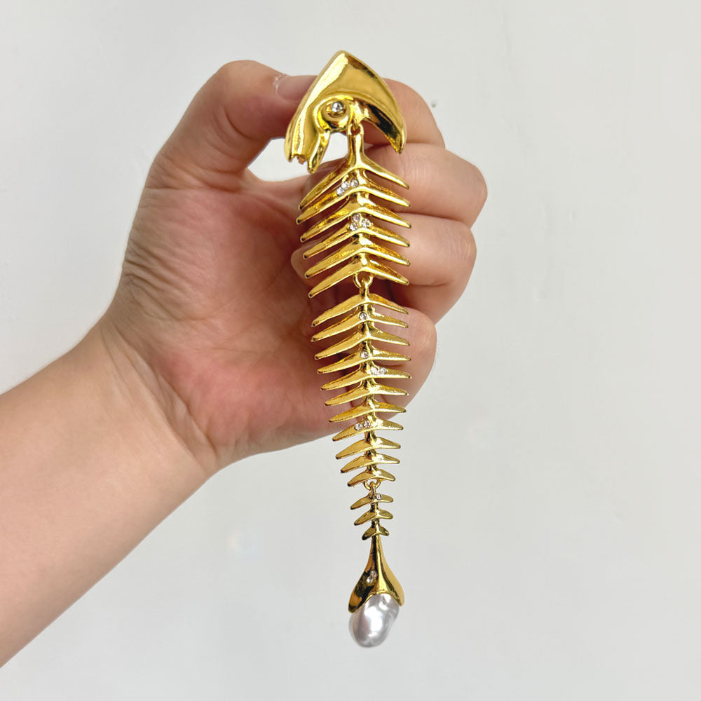 Designer Fish Skeleton Gold Silver Plated Pearl Brooch For Women Bulk