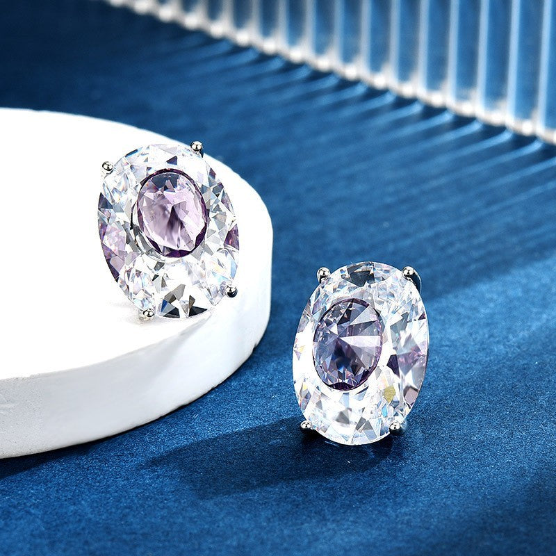 Silver Oval Cubic Zirconia Anti Tarnish Copper Stud Earrings Women Bulk