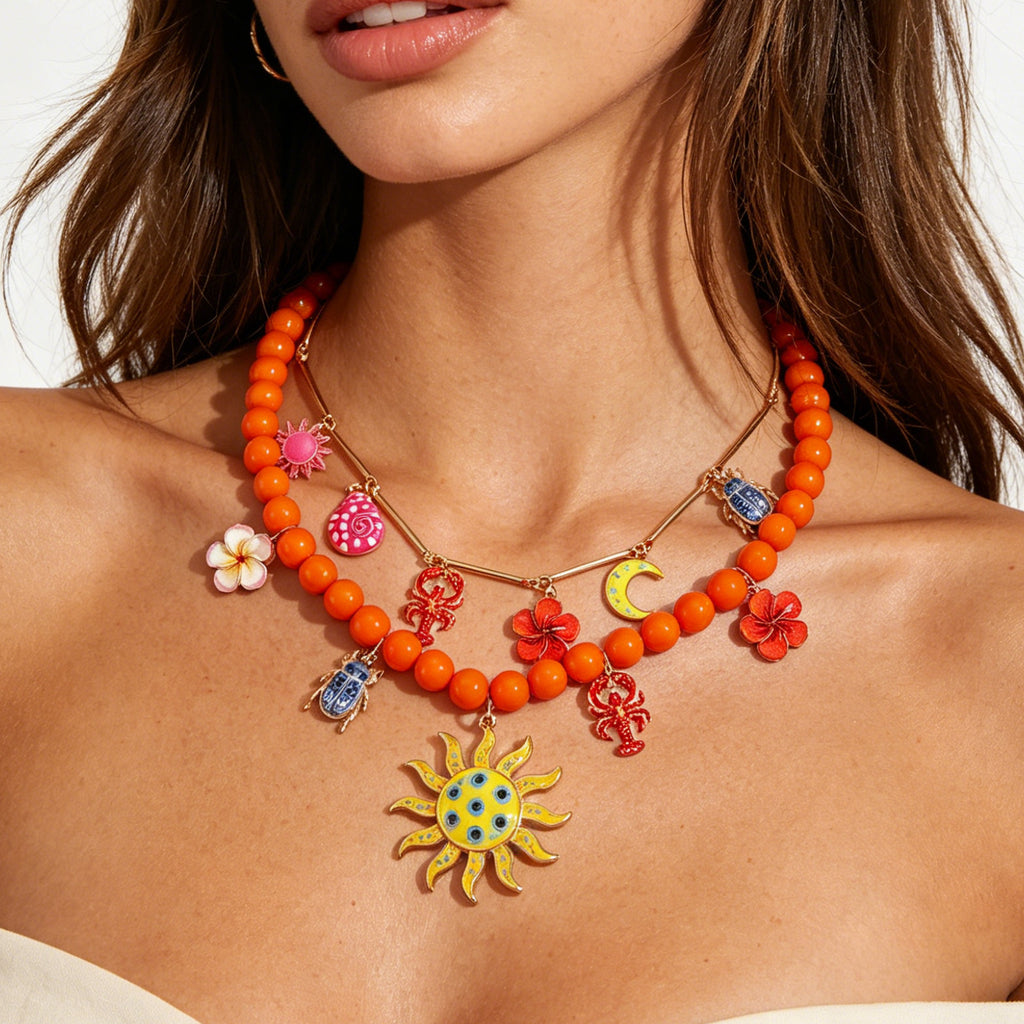 Multi Color Charm Celestial Gold Plated Beads Necklace For Women Bulk