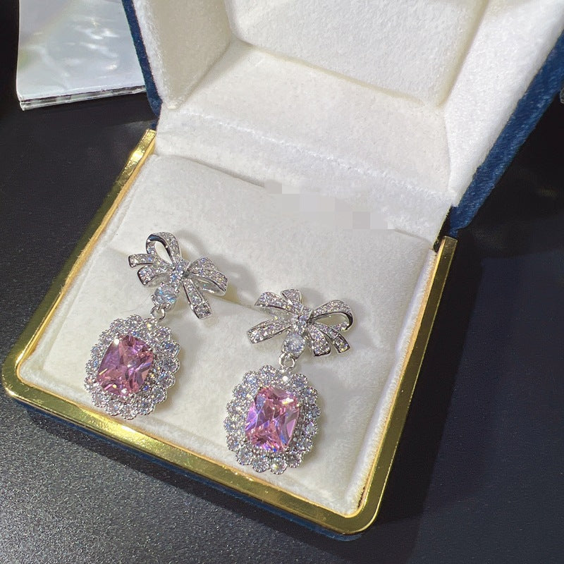 Pink Emerald Cut CZ Bow Silver Plated Copper Necklace Combo Set Bulk