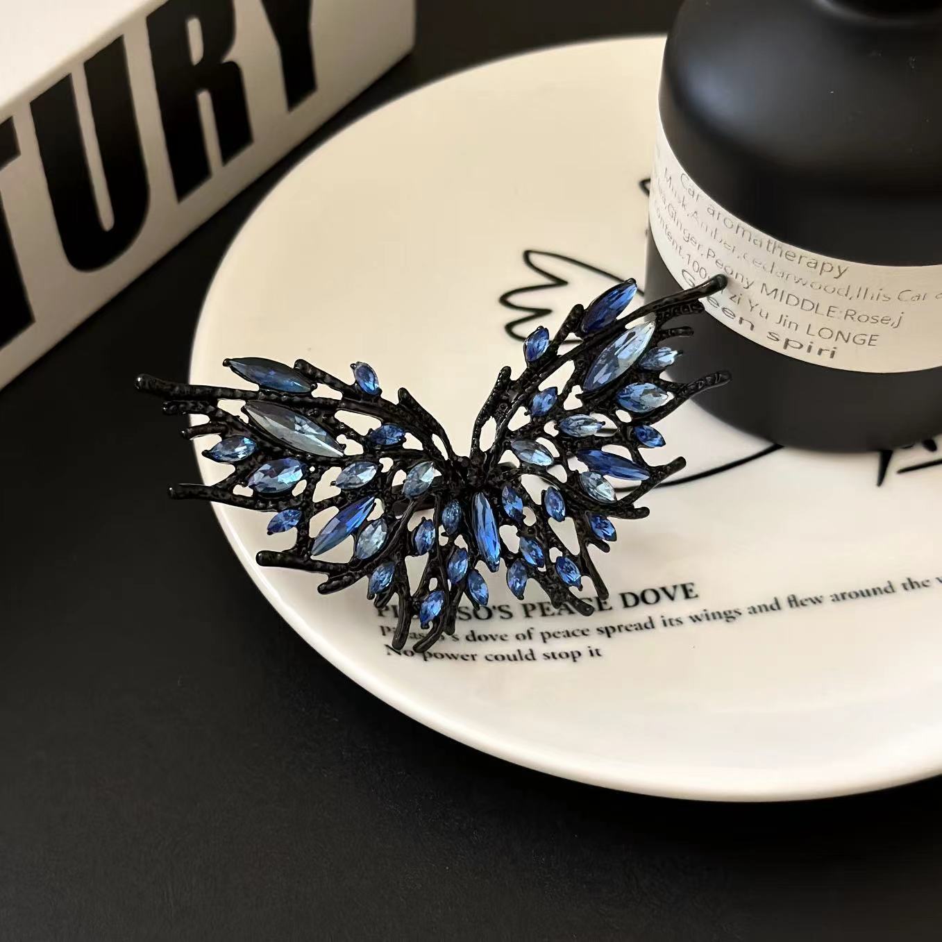 Bulk Blue Butterfly Black Rhinestone Alloy Adjustable Cocktail Ring