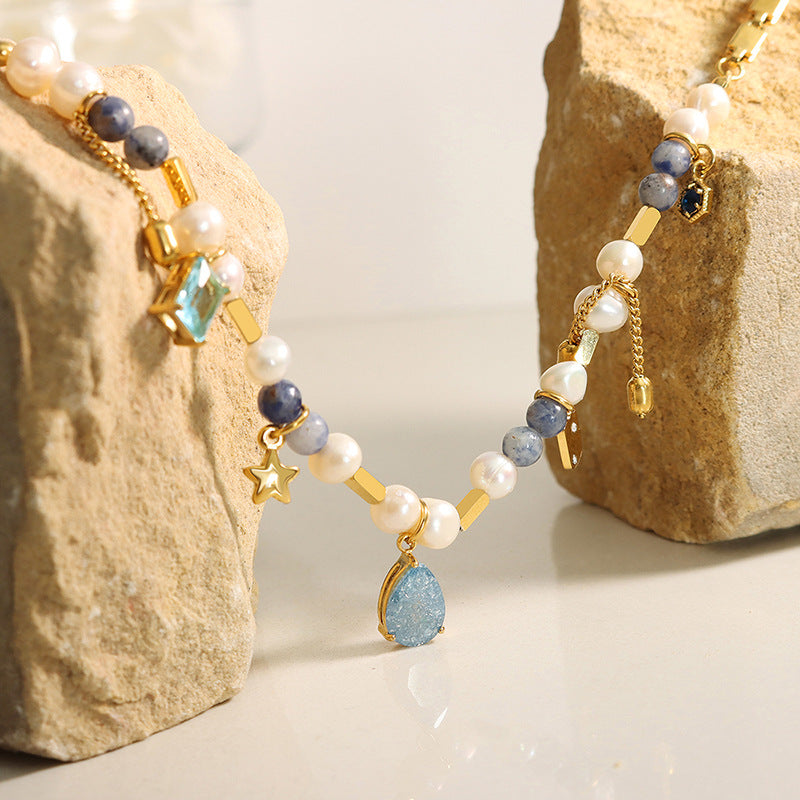 Drop Pearl Blue Purple 18K Gold Anti Tarnish Necklace Chain Women Bulk