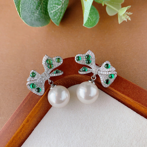 Bow Green White Silver CZ Pearl Anti Tarnish Pendant Earring Bulk Secondary image