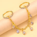 Teardrop Dangle Chain Gold Plated CZ Crystal Multi Finger Ring Bulk