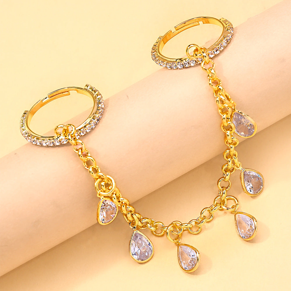 Teardrop Dangle Chain Gold Plated CZ Crystal Multi Finger Ring Bulk