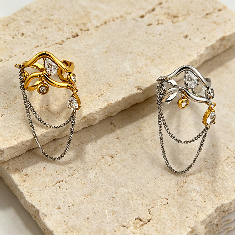 Dual Tone Gold Silver CZ Crystal Chain Stainless Steel Cocktail Ring Bulk