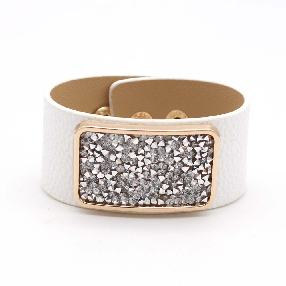Rectangle CZ Rose Gold Anti Tarnish Wrist Band Leather Bracelet Bulk