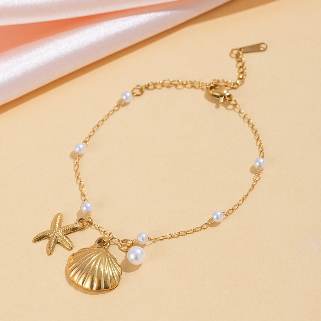Shells Starfish Pearl 18K Gold Stainless Steel Anti Tarnish Link Chain Bracelet For Women