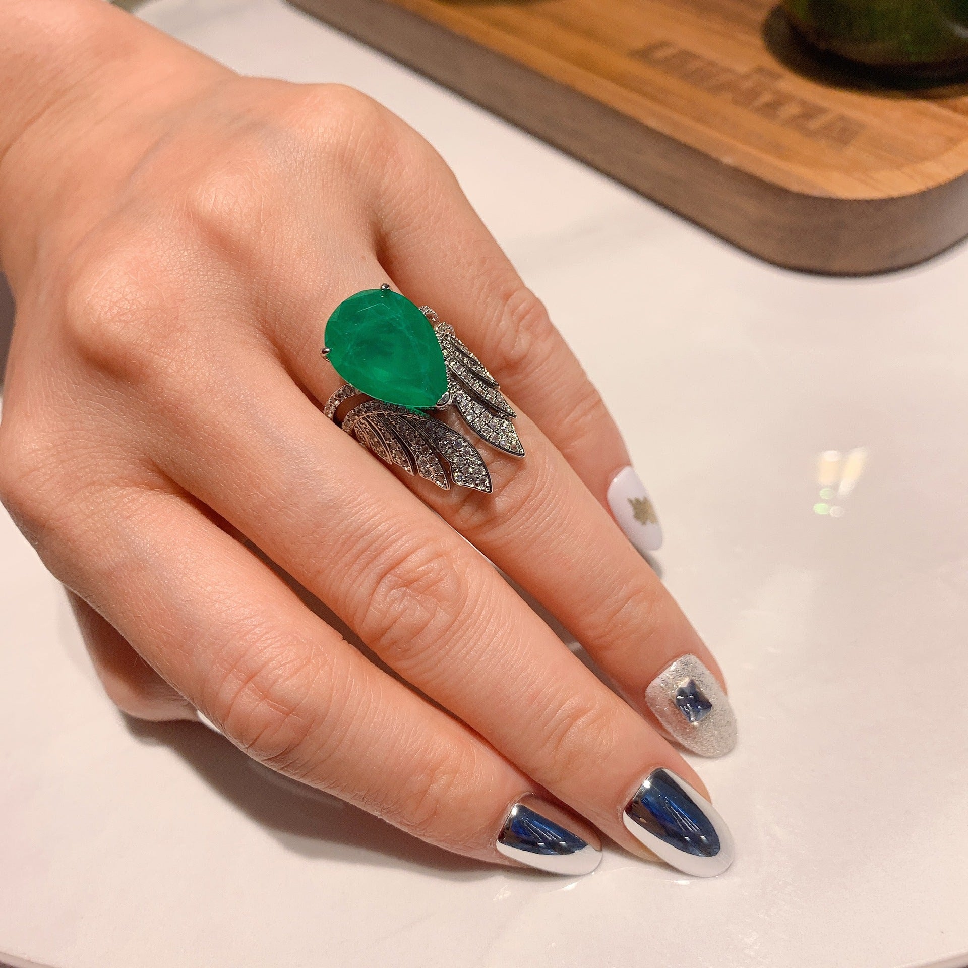 Feather Green Silver Anti Tarnish Free Size Ring For Women Bulk