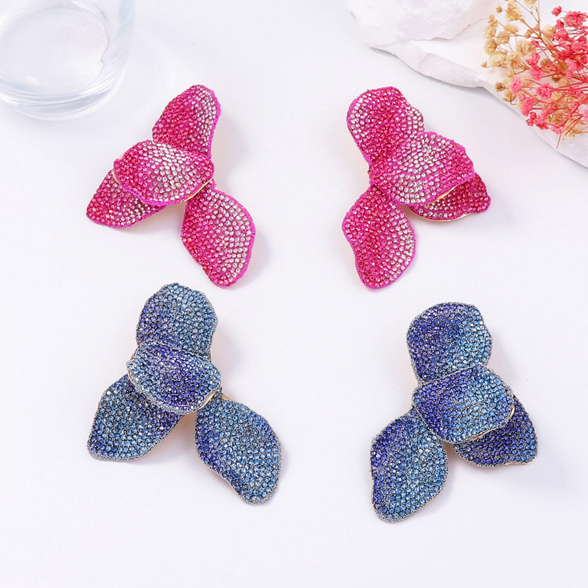 Flower Blue Pink 18K Gold Stainless Steel Anti Tarnish Dangler Earring For Women Main image