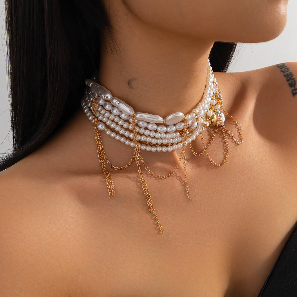 Multi Pearl Layer Link Chain 18K Gold Choker Necklace For Women Bulk