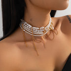 Multi Pearl Layer Link Chain 18K Gold Choker Necklace For Women Bulk