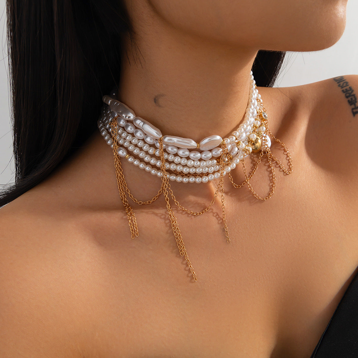 Multi Pearl Layer Link Chain 18K Gold Choker Necklace For Women Bulk