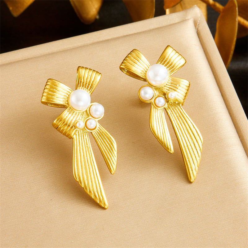 Bow Ribbon 18K Gold Pearl Stainless Steel Anti Tarnish Dangler Earring For Women Main image
