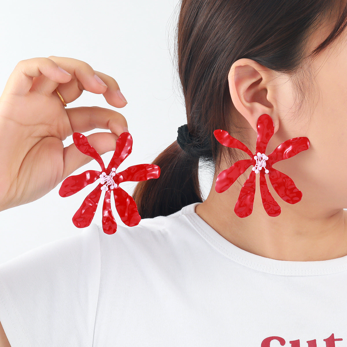 Floral Flower Leaf Red White Dangler Earring For Women Bulk Secondary image