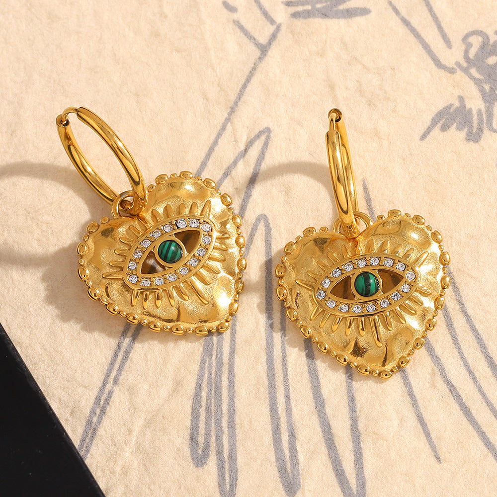 Heart Evil Eye 18K Gold CZ Stainless Steel Hoop Dangler Earring Bulk