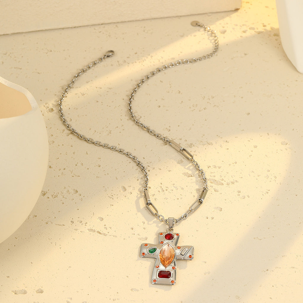 Jesus Cross Silver Brown Multi Gemstone Stainless Steel Anti Tarnish Pendant Chain Necklace For Women