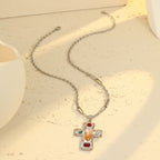 Jesus Cross Silver Brown Multi Gemstone Stainless Steel Anti Tarnish Pendant Chain Necklace For Women
