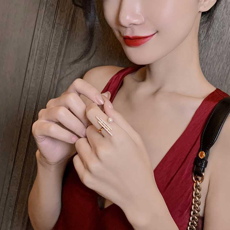 Bulk White Multi-Line Bar Gold CZ Pearl Copper Adjustable Cocktail Ring