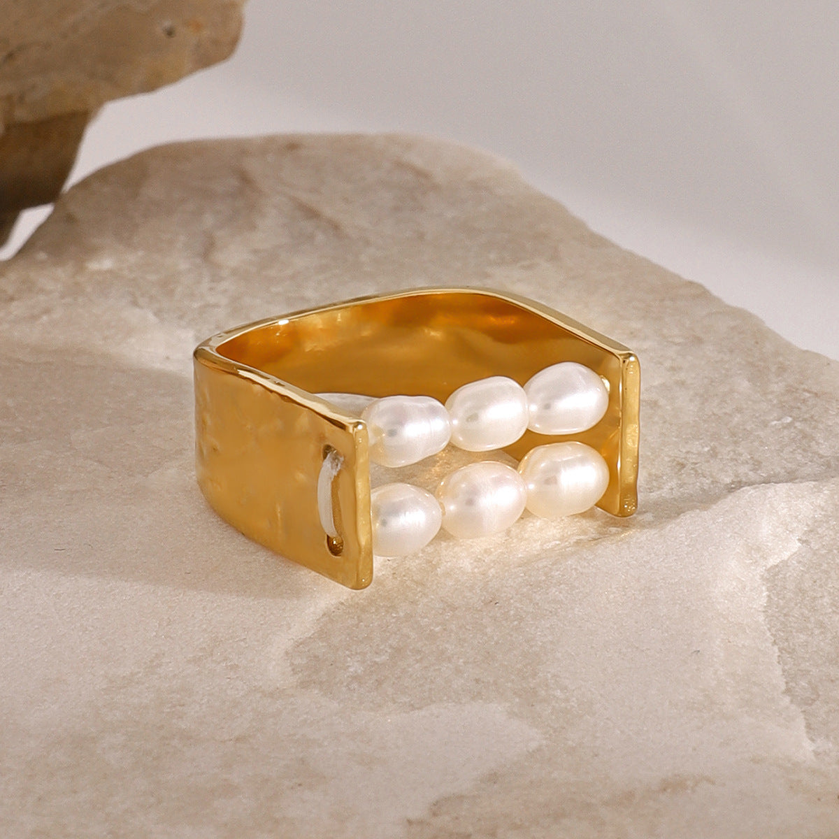 Geometric 18K Gold White Pearl Anti Tarnish Stainless Steel Ring Bulk