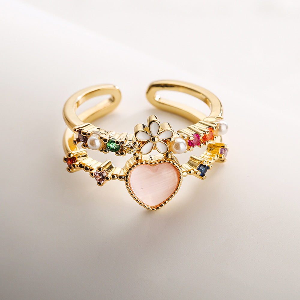 Bulk Green Pink White Heart Flower Gold CZ Adjustable Fancy Ring