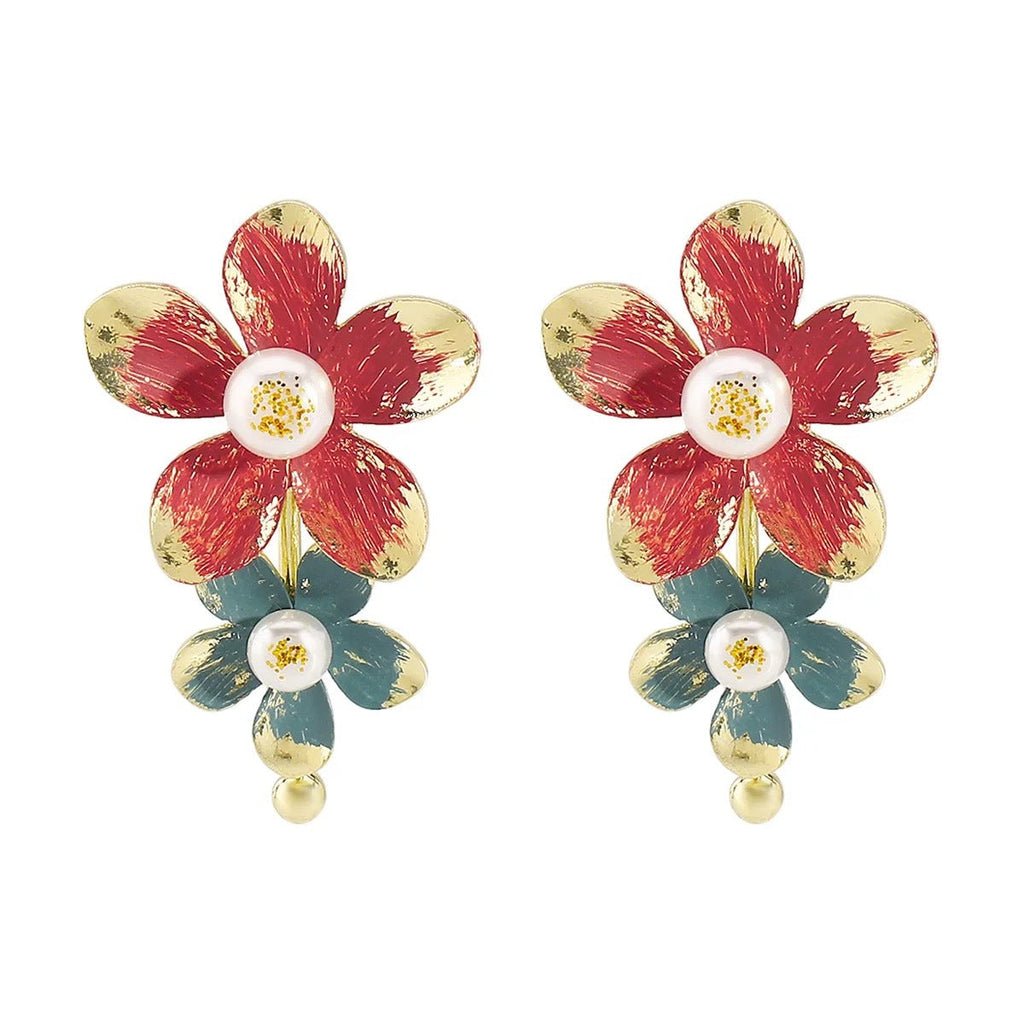 Red Blue Flower Gold Pearl Alloy Dangler Earrings For Women Bulk