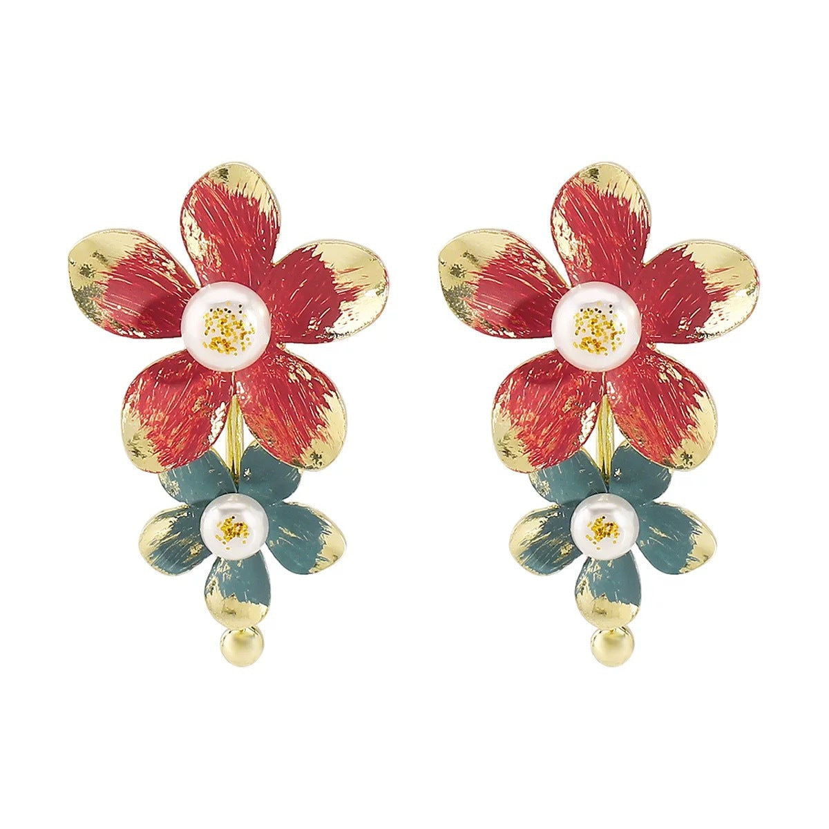 Red Blue Flower Gold Pearl Alloy Dangler Earrings For Women Bulk