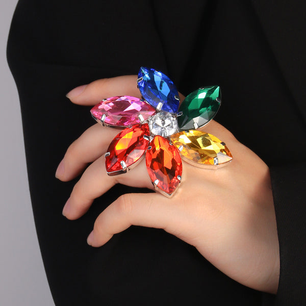Rainbow Flower Multi Crystal Silver Free Size Anti Tarnish Ring Bulk Main image