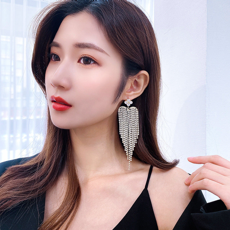 Heart Clover 18K Gold Silver Plated Rhinestones Anti Tarnish Dangler Long Tassel Earrings For Women