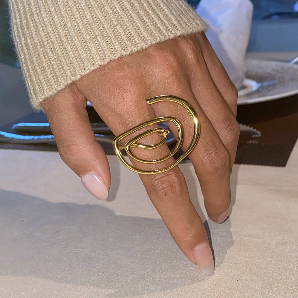 Abstract Spiral Gold Anti Tarnish Stainless Steel Free Size Ring Bulk