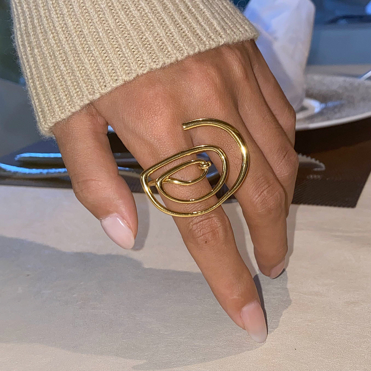 Abstract Spiral Gold Anti Tarnish Stainless Steel Free Size Ring Bulk
