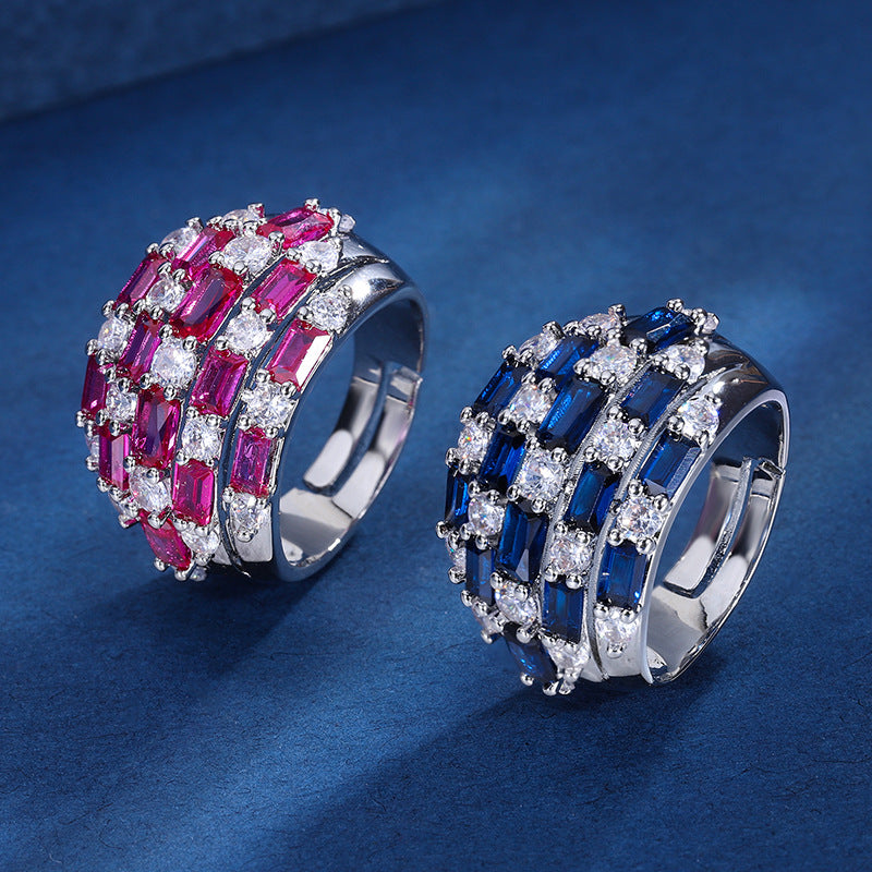 Baguette CZ Crystal Red Blue Silver Anti Tarnish Free Size Ring Bulk