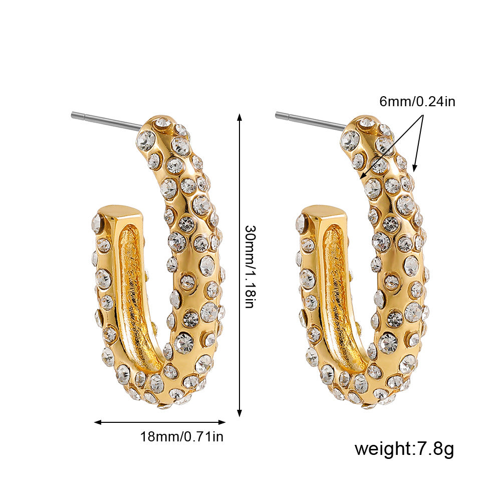 Trendy Paved U-Shape Gold Plated CZ Stainless Steel Stud Earrings Bulk