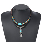 Feather Turquoise Green Brown Beads Wooden Dual Layer Rope Necklace For Women