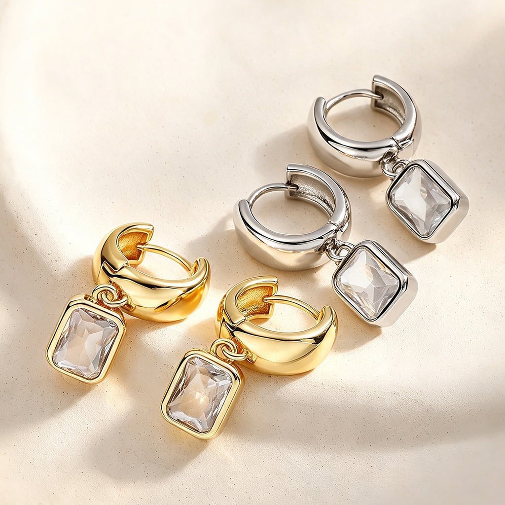 Gold Silver Huggie Rectangle Cubic Zirconia Copper Drop Earrings Women Bulk