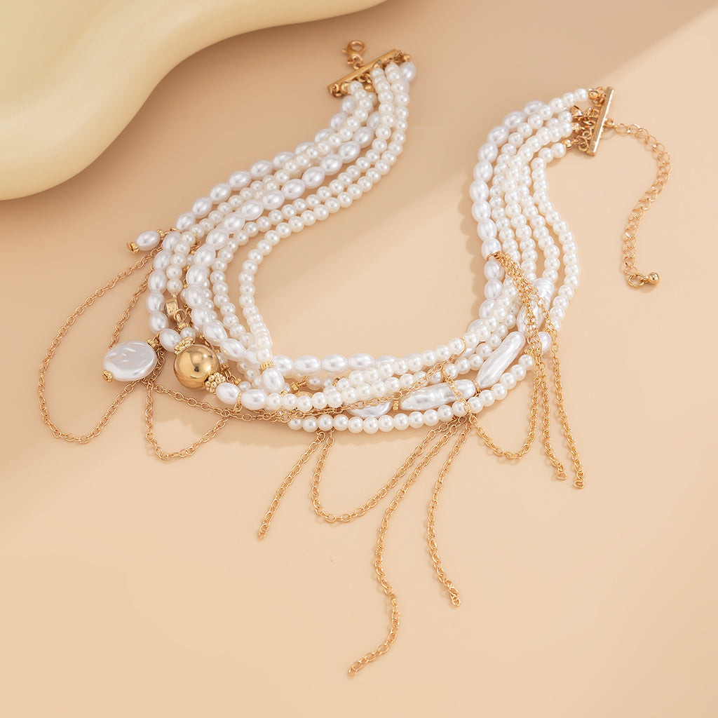 Multi Pearl Layer Link Chain 18K Gold Choker Necklace For Women Bulk